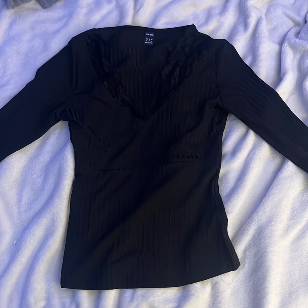 Black, Shein, blouse with lace wrist and neckline